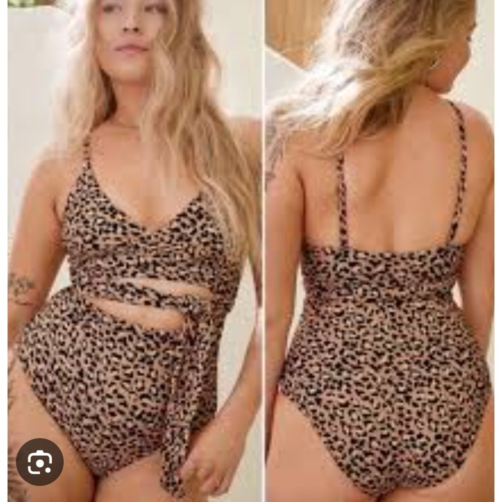 Aerie Leopard Print Wrap Front Cutout One Piece Swimsuit Full Coverage Med Long